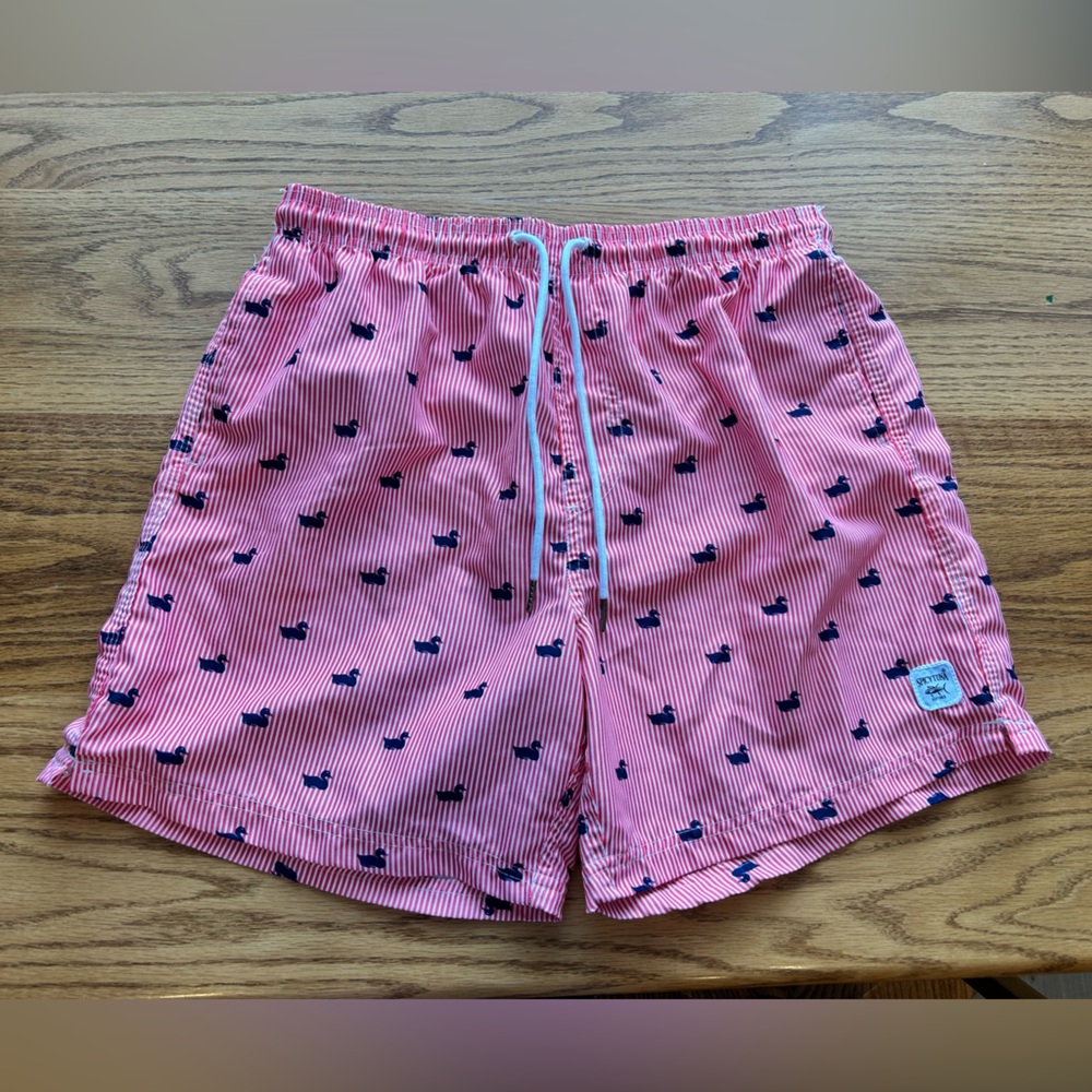 Men’s Red Striped with Navy Ducks Swim Trunks